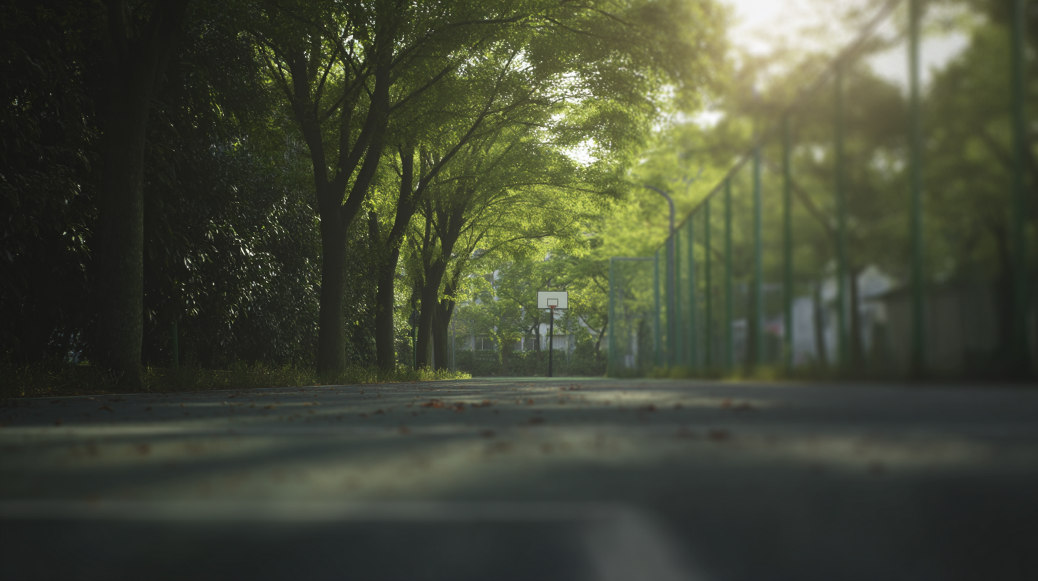 a basketball court surrounded by trees