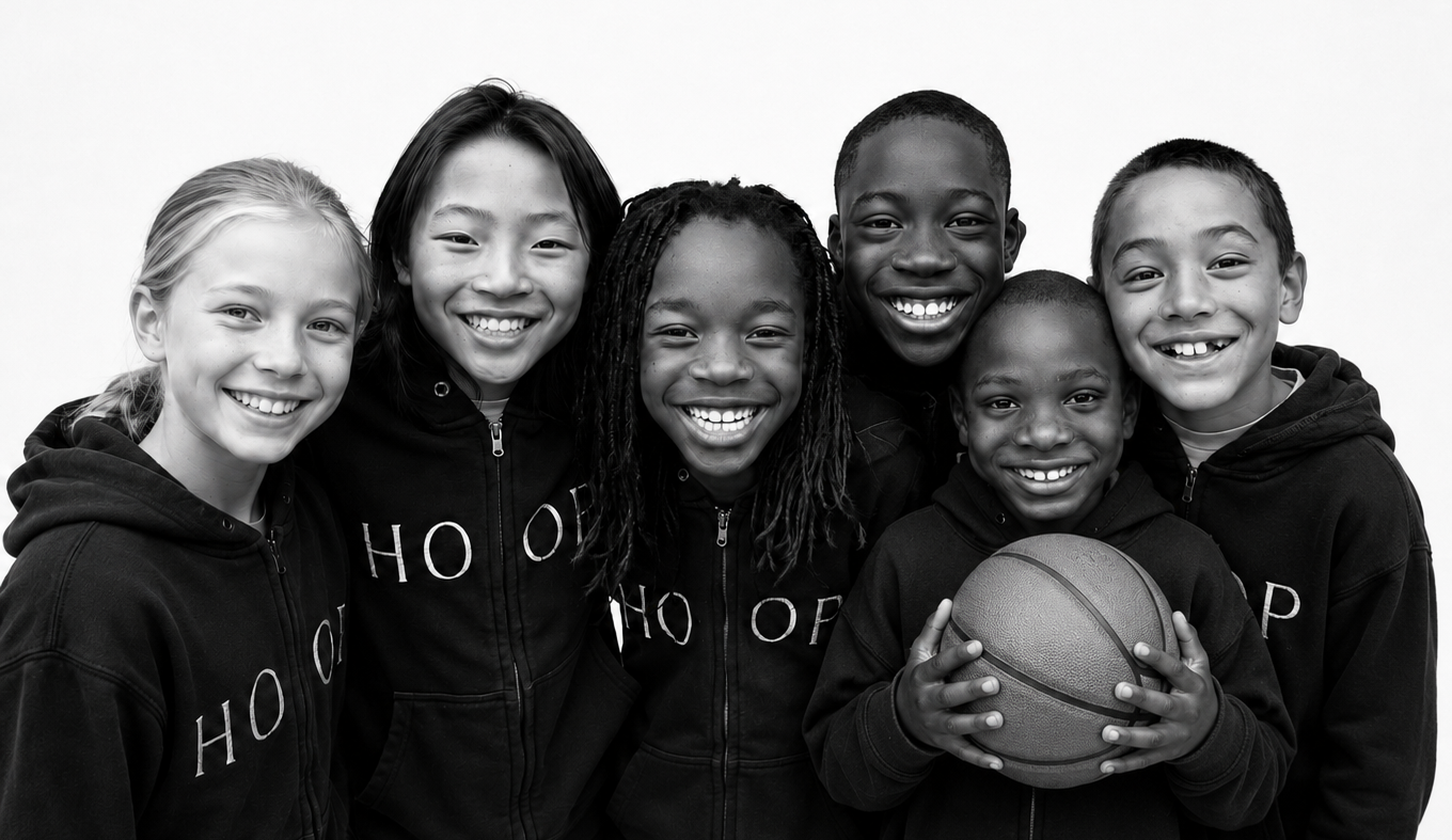Six children smiling and posing together while wearing matching black hoodies with white 'HOOP' lettering, with one child holding a basketball against a plain white background.