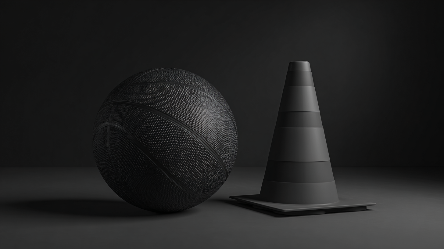 Black basketball and cone on a dark background